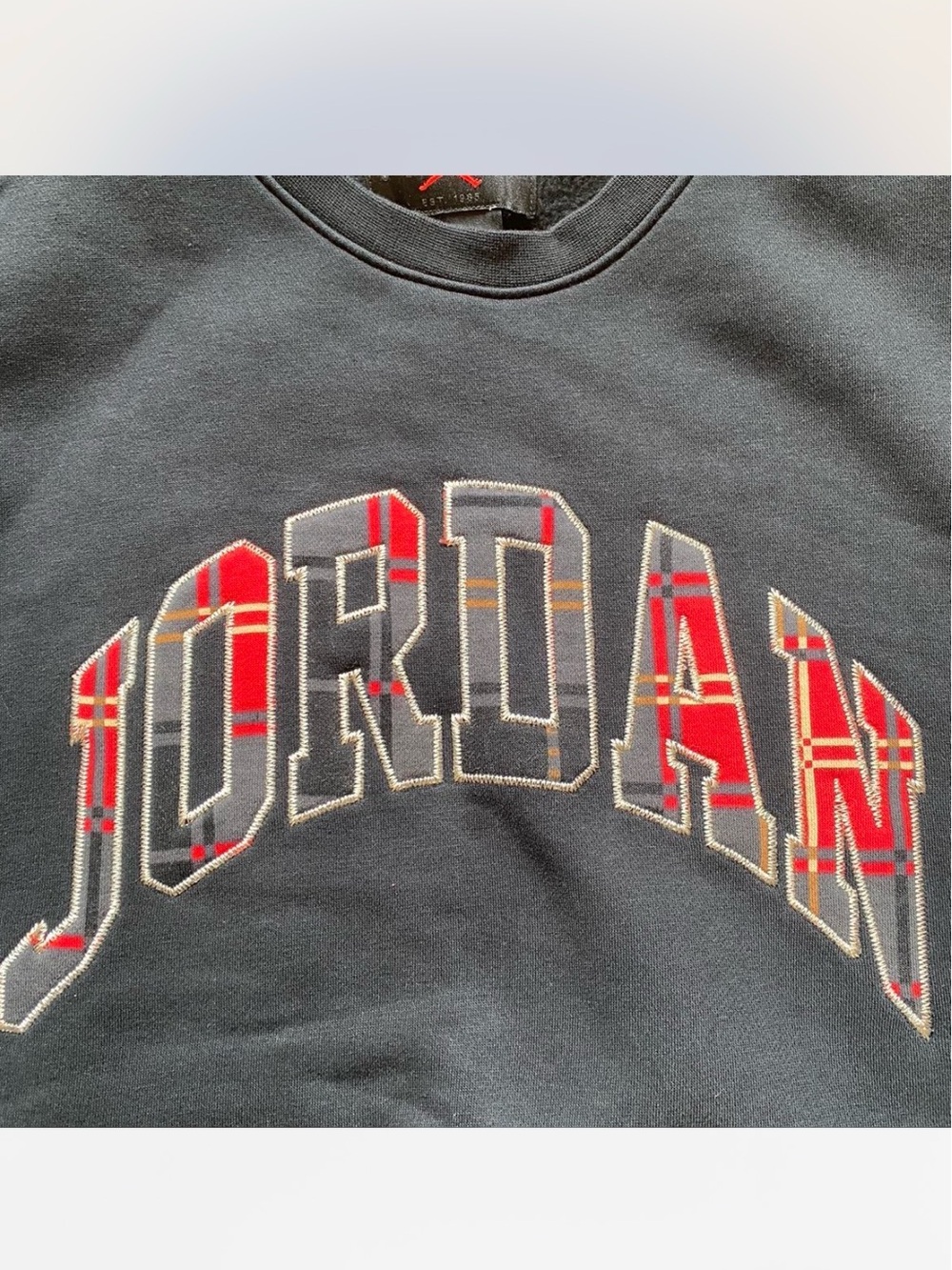 Jordan Black Crewneck Sweatshirt with Red Plaid Logo - Picture 3 of 8